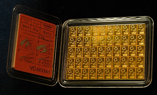 this 50 gram Valcambi Suisse CombiBar can easily be broken up into 50 small gold bars of 1 gram each