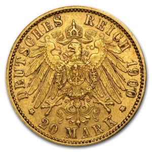 reverse side of the 20 Mark King Otto rare gold coins