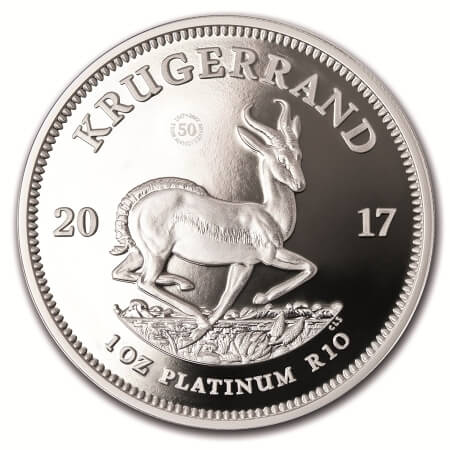 reverse side of the platinum edition of the 50th Anniversary South African Krugerrands