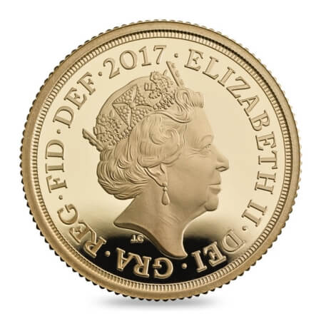 obverse side of the proof 2017 Gold Sovereign's 200th anniversary edition