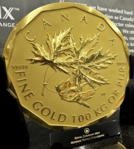the undisputed heavyweight among the different sizes of gold bullion coins is the 100 kg Canadian Gold Maple Leaf coin