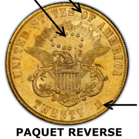 historic gold coins like the 1861 Liberty Gold Double Eagle with Paquet reverse