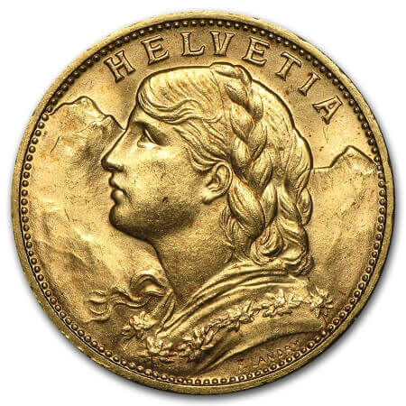 Both the historic 10 and 20 Franc Swiss gold coins display this image of an allegorical female figure on their obverse