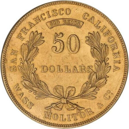 ultra-rare US gold coins like the privately minted $50 coins that were issued by Wass, Molitor & Co. are nearly impossible to find these days