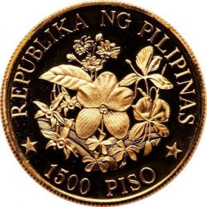 the flower motif on the 1,500 Piso gold coin from 1978 shows perhaps the most beautiful design of all Philippine gold coins