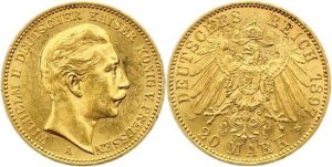 The third German emperor Wilhelm II can be seen on these 20 Gold Reichsmark from 1897