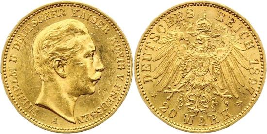 The third German emperor Wilhelm II can be seen on these 20 Gold Reichsmark from 1897