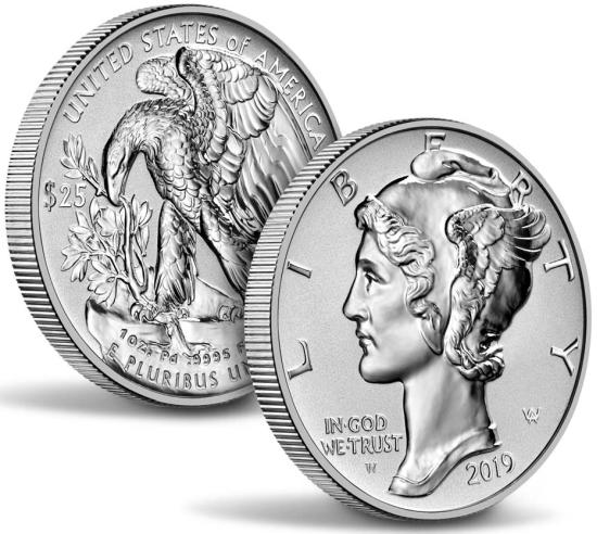 the 2019 reverse proof Palladium Eagles display polished designs and frosted backgrounds