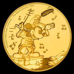 reverse design of the 1st of the 5 Mickey Mouse gold coins of the 'Mickey through the Ages' coin series