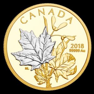 selective platinum plating on one of the two 99.999% pure gold coins that make up the 2018 Enchanting Maple Leaves coin set