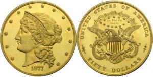 design of the 1877 pattern coins of the $50 Half Union gold coin