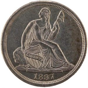 Lady Liberty is depicted in a seated position on the obverse side of the six different Seated Liberty silver coins