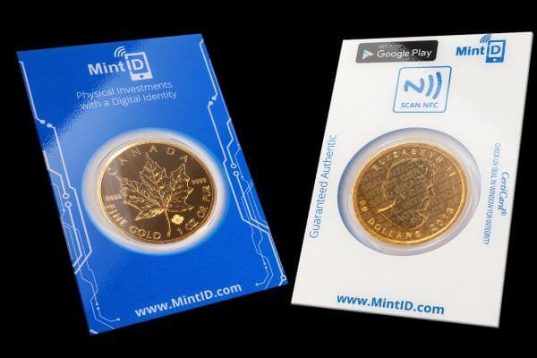 1 oz Canadian Gold Maple Leaf coin enclosed in a tamper-proof MintID bullion blisterpack