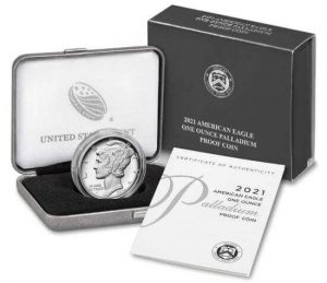 collectible American Palladium Eagles such as these 2021 proof coins come packaged in a special presentation case with a Certificate of Authenticity