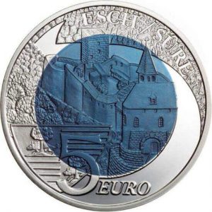 reverse side of the 2010 issue of the Luxembourg silver niobium coins which depicts the Castle of Esch-Sur-Sure