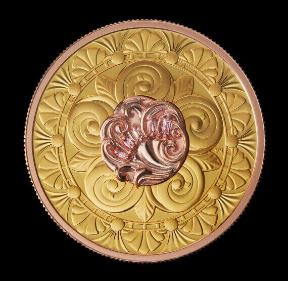 the Opulence Collection includes this 1 oz gold coin adorned with 5 pink diamonds