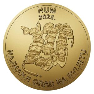 the reverse side of the new smallest gold coin depicts the Croatian town of Hum