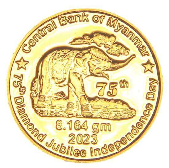 the newest Myanmar gold coins that were issued to commemorate the 75th Independence Day of the country show this elephant image on both sides