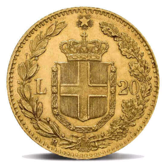 reverse side of the historic 20 Lire Italian gold coins