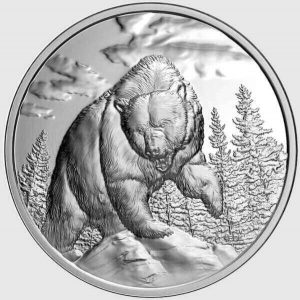 reverse side of the 99.99% pure UHR Great Hunters: Grizzly Bear silver coins
