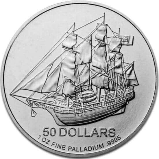 the legendary British ship HMS Bounty is depicted on the reverse of the 1 oz Cook Islands palladium coin
