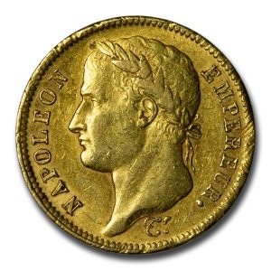 portrait of Napoleon Bonaparte on the obverse side of a 40 Franc Napoleon d'or gold coin
