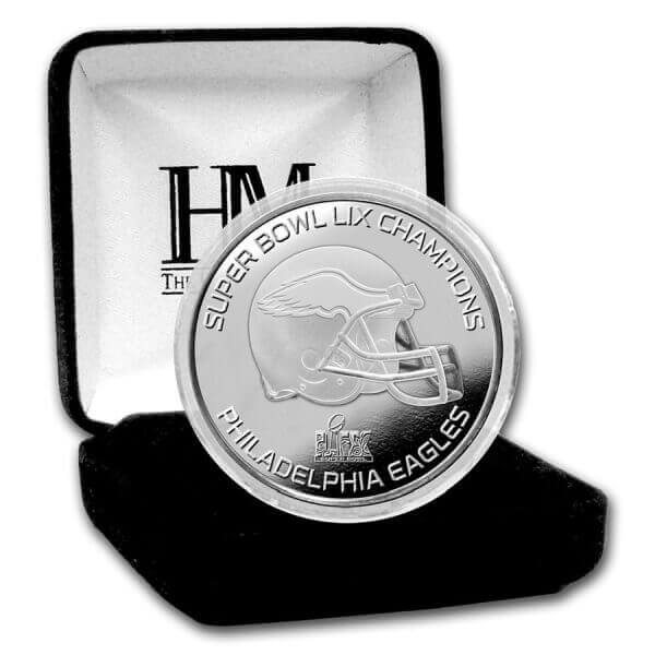 The Super Bowl Champions coin of the 5 different Super Bowl LIX silver coins shows the iconic football helmet of the Philadelphia Eagles.