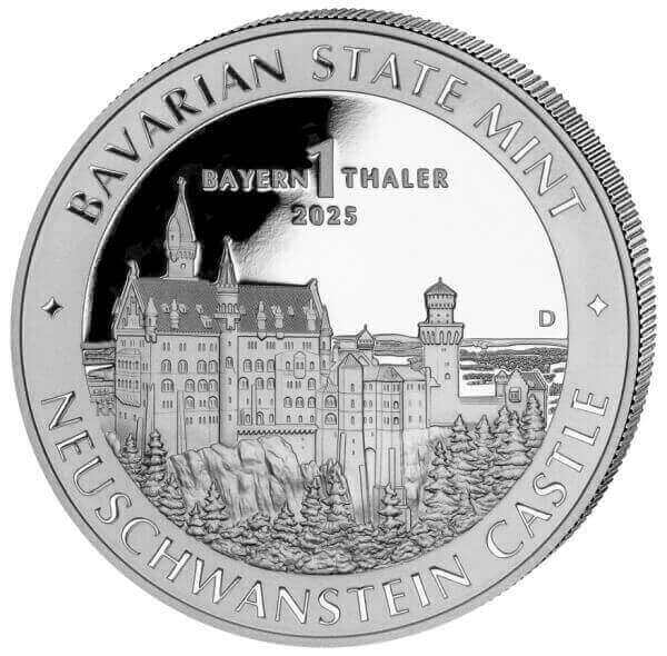 depiction of Neuschwanstein Castle on the inaugural 1 oz silver issue of the Bayern Thaler bullion coins
