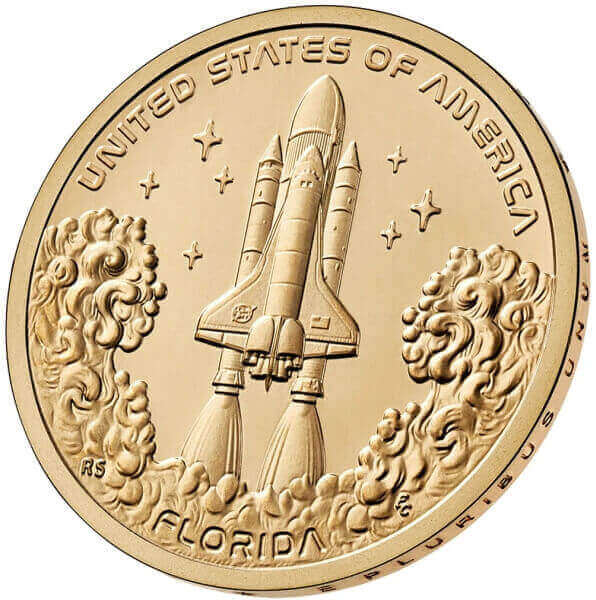 reverse side of the US Mint Space Shuttle $1 gold coin