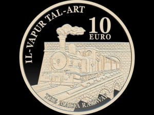 design of one of the three commemorative Malta Railway silver coins included in the limited-mintage proof set