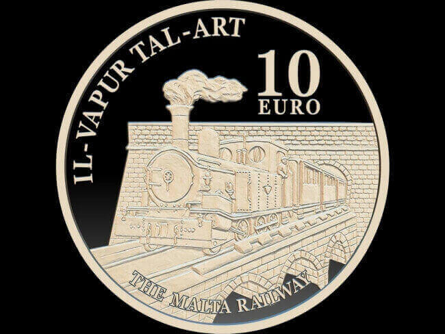 design of one of the three commemorative Malta Railway silver coins included in the limited-mintage proof set