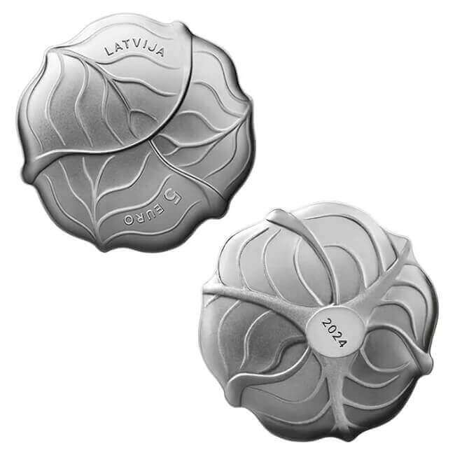 obverse and reverse design of Latvia's silver cabbage coin