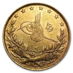 the tughra is the central design element that appears on the obverse side of Turkish Kurush gold coins