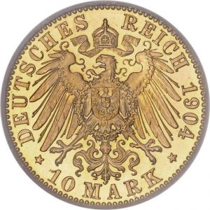German imperial eagle on the reverse of this 10 German Gold Mark coin from 1904