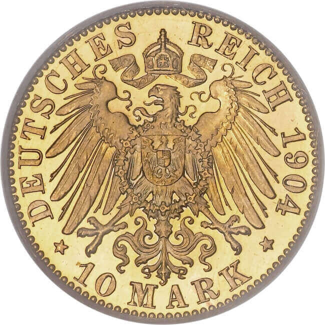 German imperial eagle on the reverse of the 10 German Goldmark coins