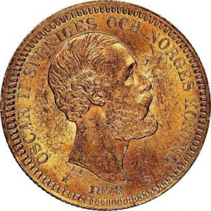portrait of King Oscar II on the obverse of the 20-Kronor Swedish gold coins