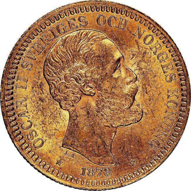 The portrait of King Oscar II appears on the obverse of most 10 and 20 Swedish Kronor gold coins