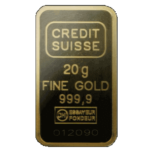 frontal view of 20 gram Credit Suisse Liberty gold bullion bars