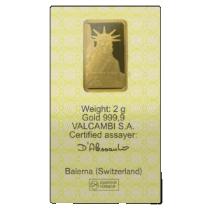 backside view of the Liberty 2 gram Credit Suisse gold bars