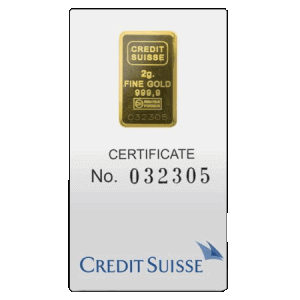 frontal view of the Liberty 2 gram Credit Suisse gold bullion bars