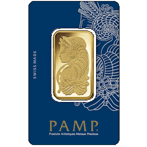 frontal view of the minted 1 oz PAMP Suisse Fortuna gold bullion bars