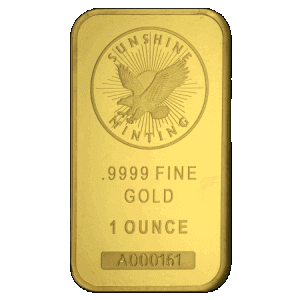 frontal view of minted 1 oz Sunshine Mint gold bars