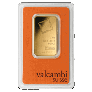 frontal view of minted 1 oz Valcambi gold bars