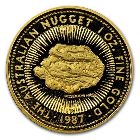 reverse side of the 1987 issue of the proof 1 oz Australian Gold Nugget coin