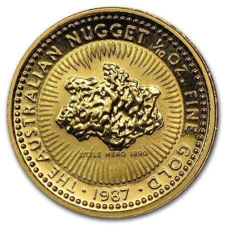 reverse side of the 1987-1989 issue of the brilliant uncirculated 1/10 oz Australian Gold Nugget coins