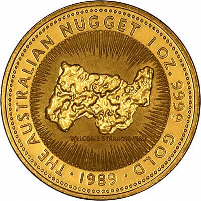 reverse side of the 1987-1989 issue of the brilliant uncirculated 1 oz Australian Gold Nugget coin