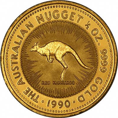 reverse side of the 1990 issue of the brilliant uncirculated 1/2 oz Australian Gold Nugget coin