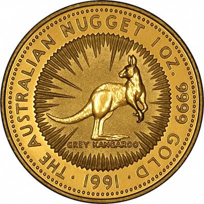 reverse side of the 1991 issue of the brilliant uncirculated 1 oz Australian Gold Nugget coins