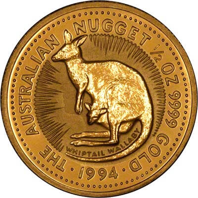 reverse side of the 1994 issue of the brilliant uncirculated 1/2 oz Australian Gold Nugget coin