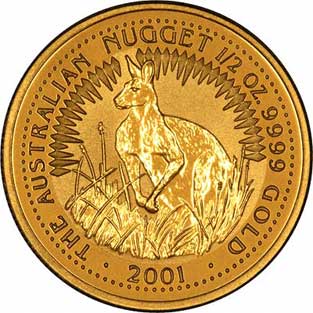 reverse side of the 2001 issue of the brilliant uncirculated 1/2 oz Australian Gold Nugget coin